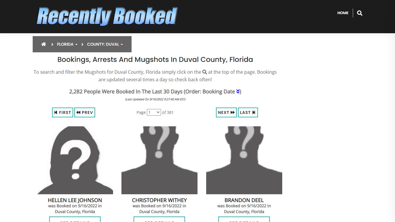 Recent bookings, Arrests, Mugshots in Duval County, Florida